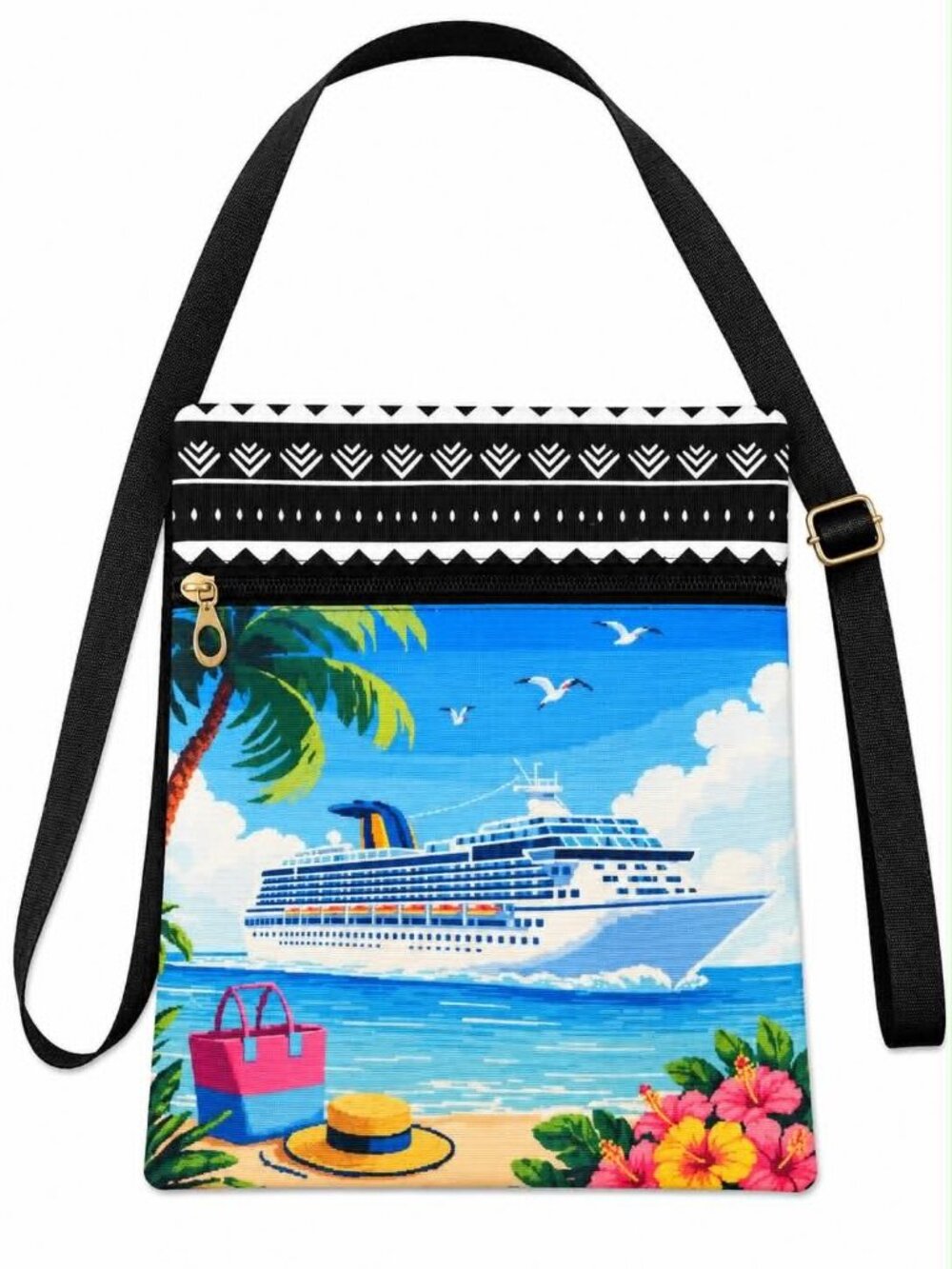 Tropical Cruise Ship Beach Crossbody Bag with Adjustable Black Strap